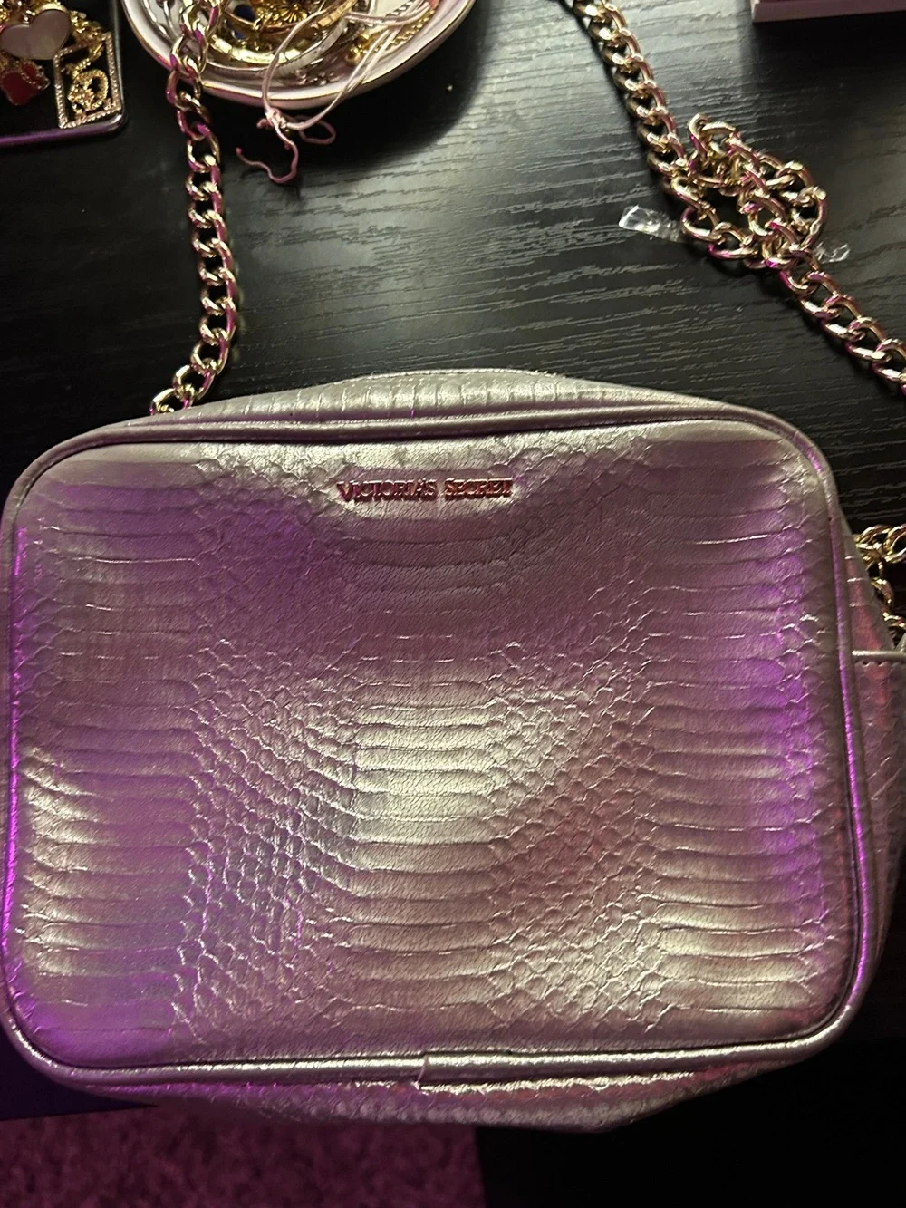 Victoria's Secret Iridescent Pink Croc-Embossed Crossbody Bag